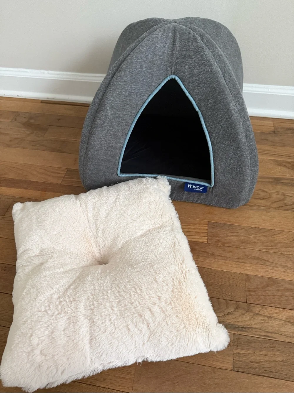 2 Grey Pet Cave Beds with Cream Plush Interior